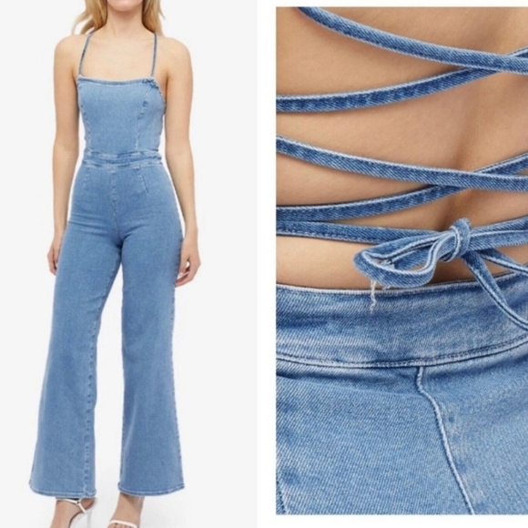 Good American Vacay Blue Denim Sleeveless Tie Back Flare Leg Jumpsuit Sz 2 - Picture 2 of 11